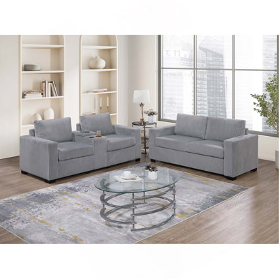 Elegant Simple Sofa W Console Cup Holder And Loveseat 2Pcs Sofa Set Wide-Welt Corduroy Living Room Couch