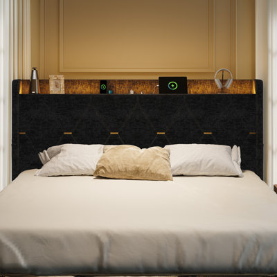 Lit plateforme capitonné avec grands tiroirs de rangement au pied du lit, tablette ouverte en tête de lit, éclairage DEL, chargement USB-C, sans sommier, options chenille ou velours hollandais