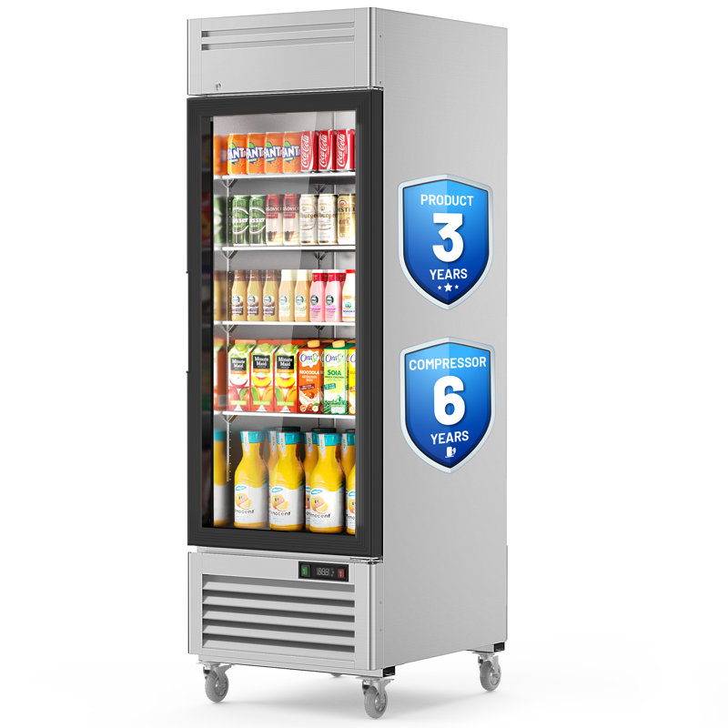 Coolake 23 Cu.ft Double Glass Doors Commercial Beverage Fridge, 27” W Stainless Steel Led Lighting Merchandiser Refrigerator, Fan Cooling Display Fridge With 4 Shelves For Cafe, Grocery, Office