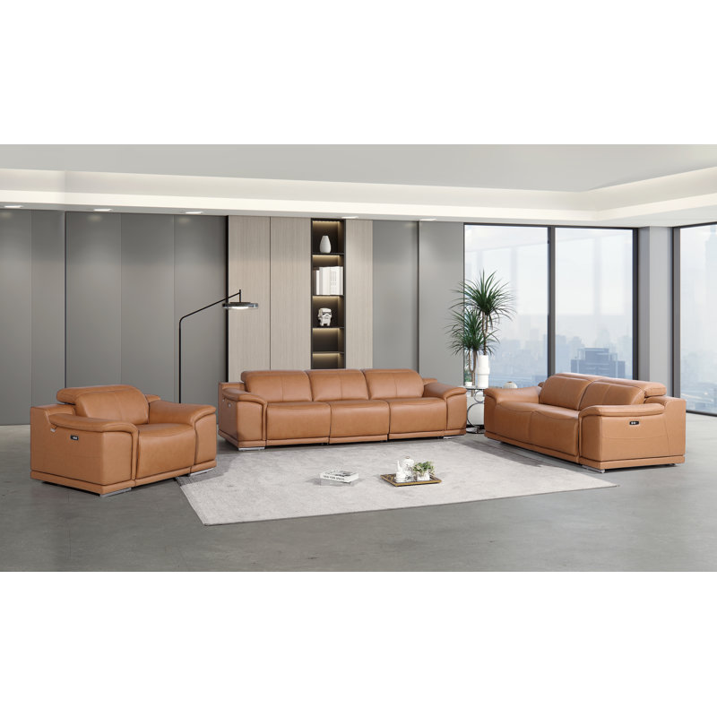 Ensemble de canapé modulaire inclinable électrique, de causeuse et de chaise en cuir fleur italien Farranshane, Cognac