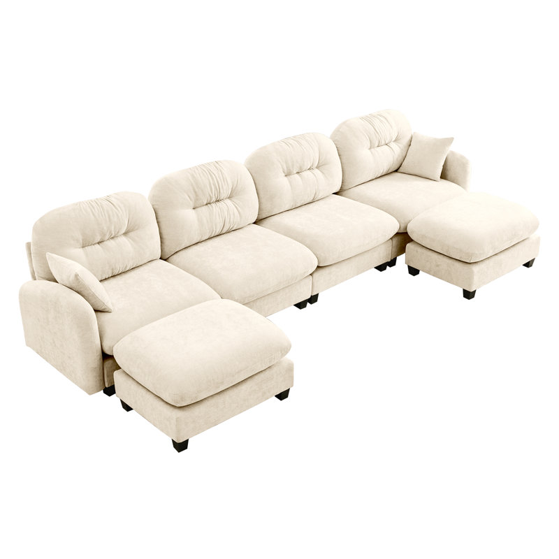 Braegger Modular Sectional Sofa with Chenille Fabric and Tufted Backrest Design, Beige Chenille, 36.6" H x 140" W x 34.2" D