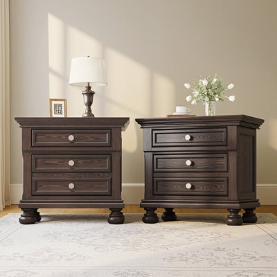Table de chevet 26 po en bois massif classique à 2 tiroirs avec pieds à colonnes romaines, assemblage minimal requis, brun foncé
