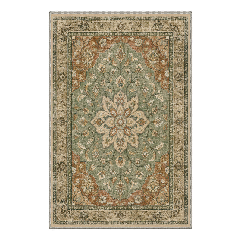 Paillasson oriental traditionnel vert/brun à poils courts, lavable et antidérapant, Rectangle 2' x 3'