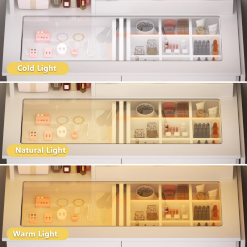 Small Vanity Desk With Mirror, Lights And Chair, Makeup Vanity With Glass Top & 2 USB Power Strip, Dressing Table With Drawers & Cabinet, 3 Light Colors Mirror