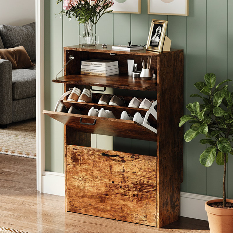 Hidden Shoe Cabinet With 3 Flip Drop-Down Door White & Oak, Brown