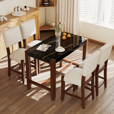 Ensemble de salle à manger 5 pièces à hauteur de comptoir Mid-Century moderne avec table en faux marbre et chaises rembourrées, parfait pour les petits espaces et une utilisation polyvalente