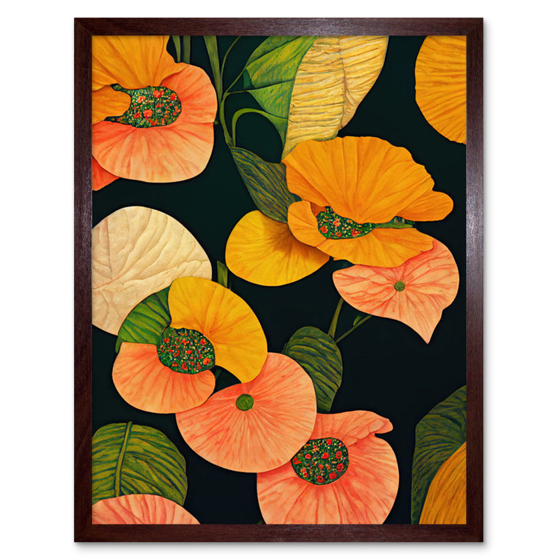 Modern Tropical Lake Flowers Dark Green - Print, Brown Framed Paper, 25.9cm H x 20.6cm W