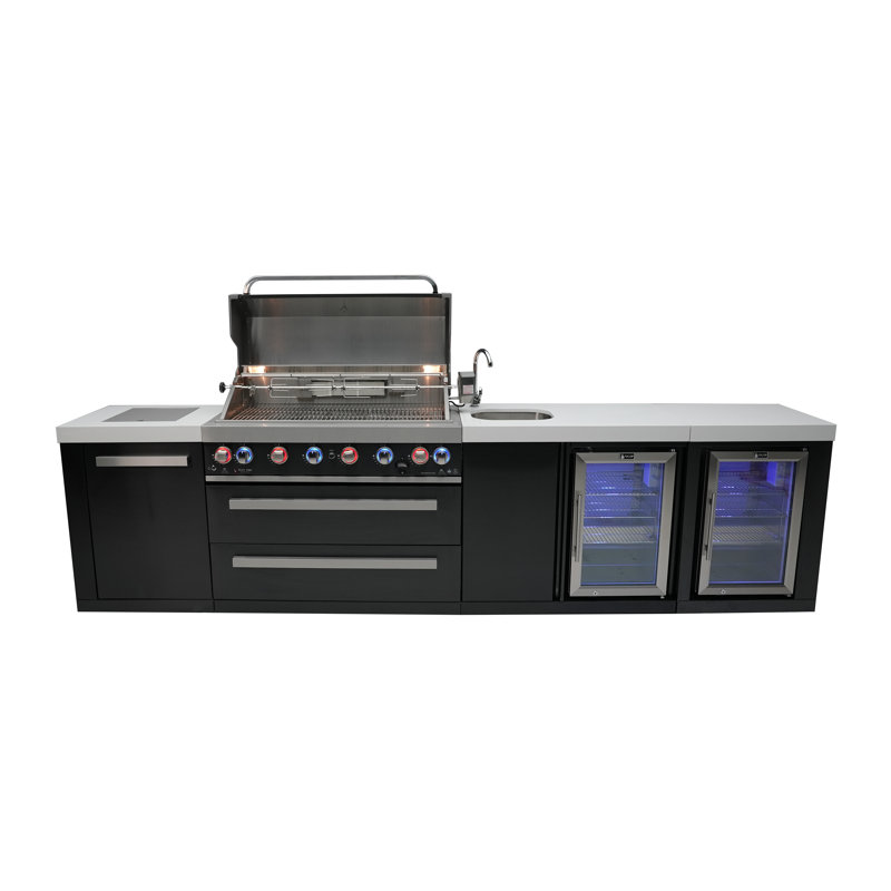 Mont Alpi 6-Burner Black Stainless Steel Outdoor BBQ Island Grill + Beverage Center + Fridge Cabinet