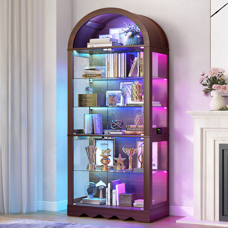 Vitrine à 6 niveaux en verre avec lumières RVB et vitrine arquée verrouillable, Brun
