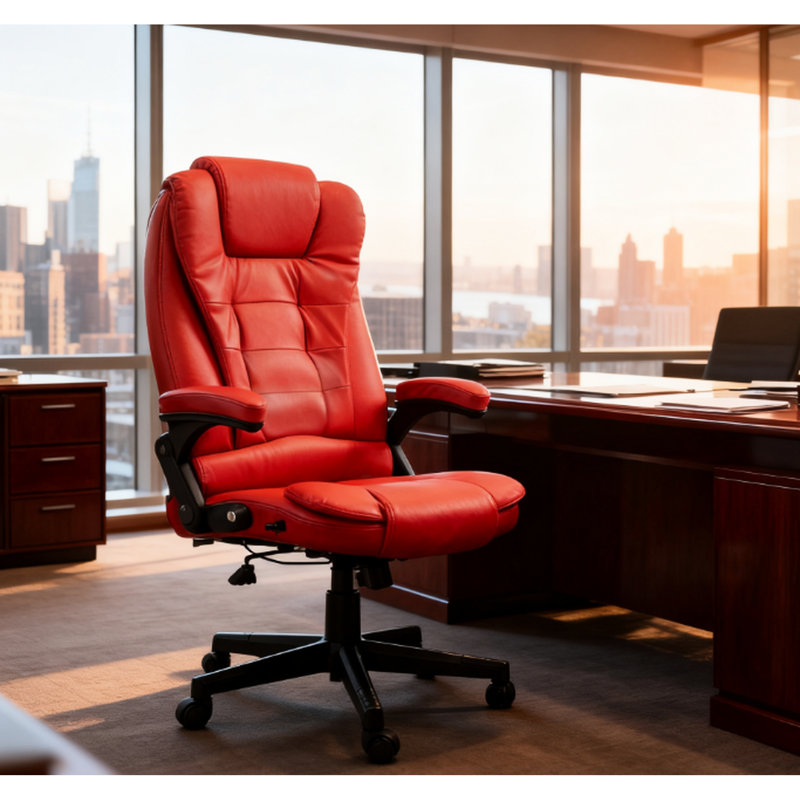 Chaise de bureau inclinable chauffante avec 6 points de vibration, extensible à 120 degrés, siège réglable, rembourré et poche latérale pour télécommande, rouge