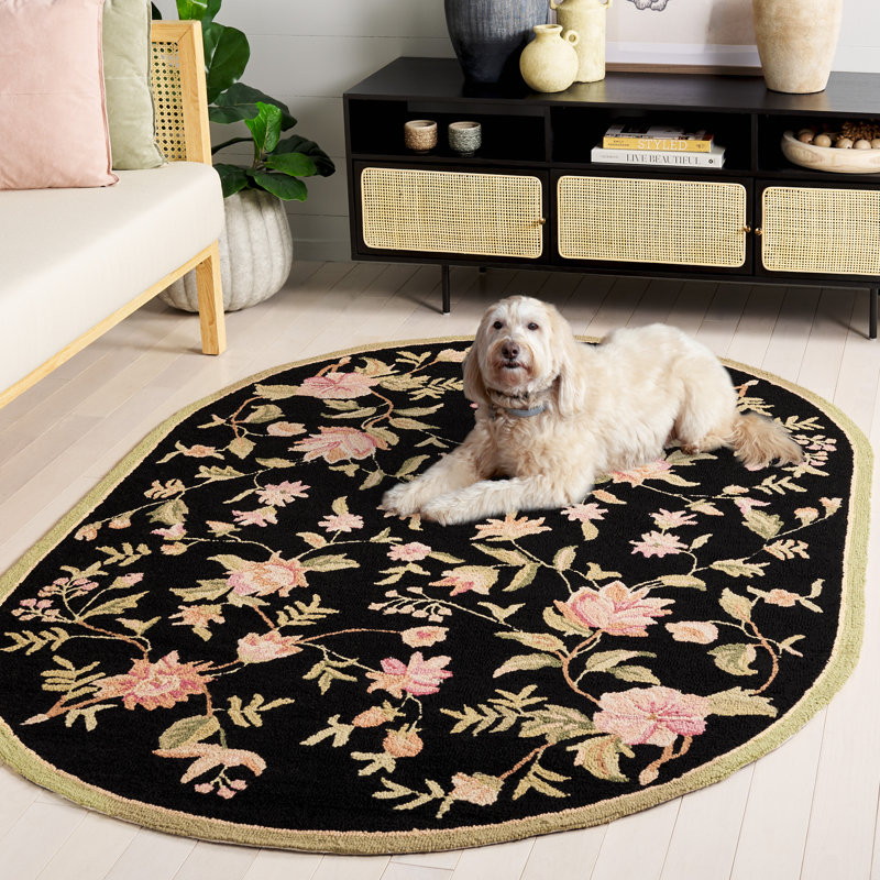 Tapis floral en laine crocheté à la main Jonsson, Black, Ovale 3 pi x 5 pi