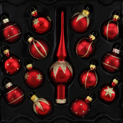 15-Piece Mini Glass Ball and Finial Tree Topper Christmas Ornament Set
