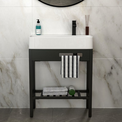 Évier console en céramique 28 po x 12 po avec cadre de soutien intégré, peu encombrant, système multi-environnement intégré, peu d'entretien, utilisation polyvalente