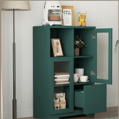 MDF painted Cabinet with Glass Doors and drawer, open storage space