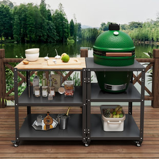 Grill Table for Big Green Egg Accessories,Compatible with L to MINI Models Big Green Egg,Kamado Joe,Heavy Duty Metal Outdoor Grill Station Prep Table with Storage