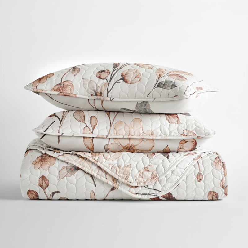 Twin Reversible Floral Microfiber Quilt Set in Beige and Gray