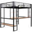 Lit mezzanine double en métal pleine grandeur, noir - bureau long et tablettes pour une organisation fonctionnelle et efficace du bureau à domicile