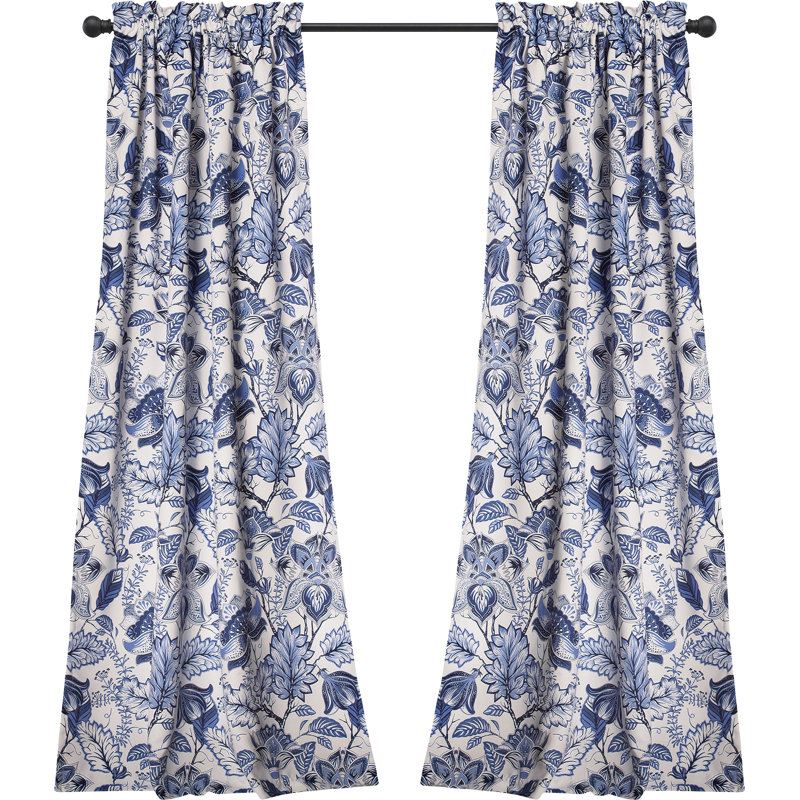 Blue Floral Jacobean Polyester Room Darkening Window Panels