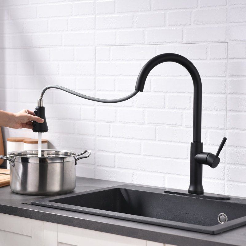 Robinet de cuisine rétractable à poignée simple avec conduites d'alimentation, Noir mat