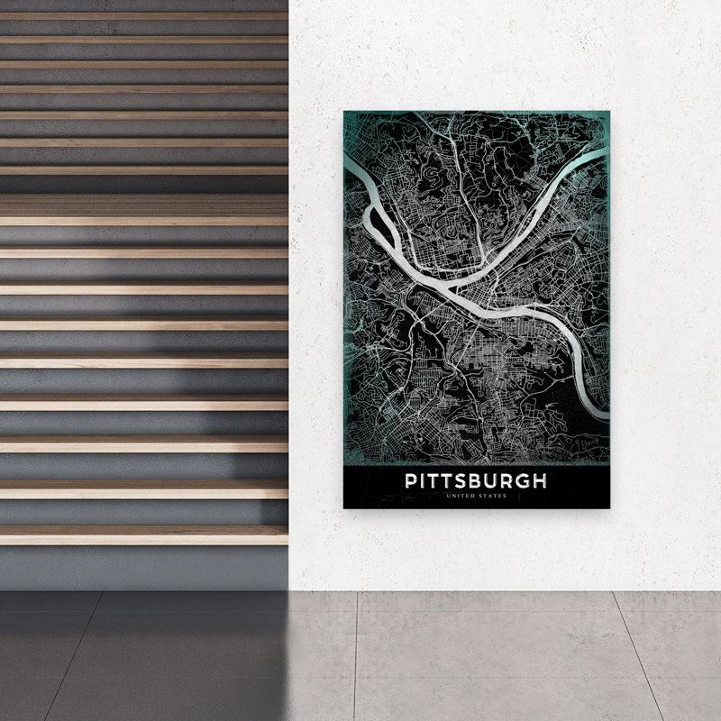 Modern Pittsburgh City Map Retro Vintage City Architecture Wall Art Print 1 Piece Wrapped Canvas Wall Art