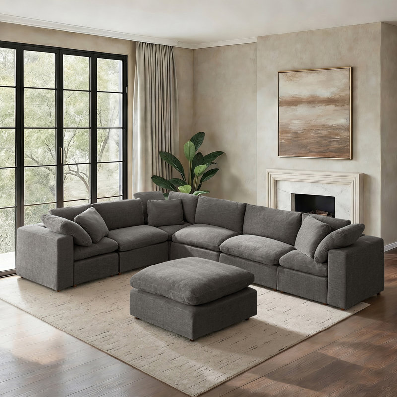 Merritt 157.5"W Modern Cloud Down Filled Oversized Sectional Couches With One Ottoman, Gray Polyester
