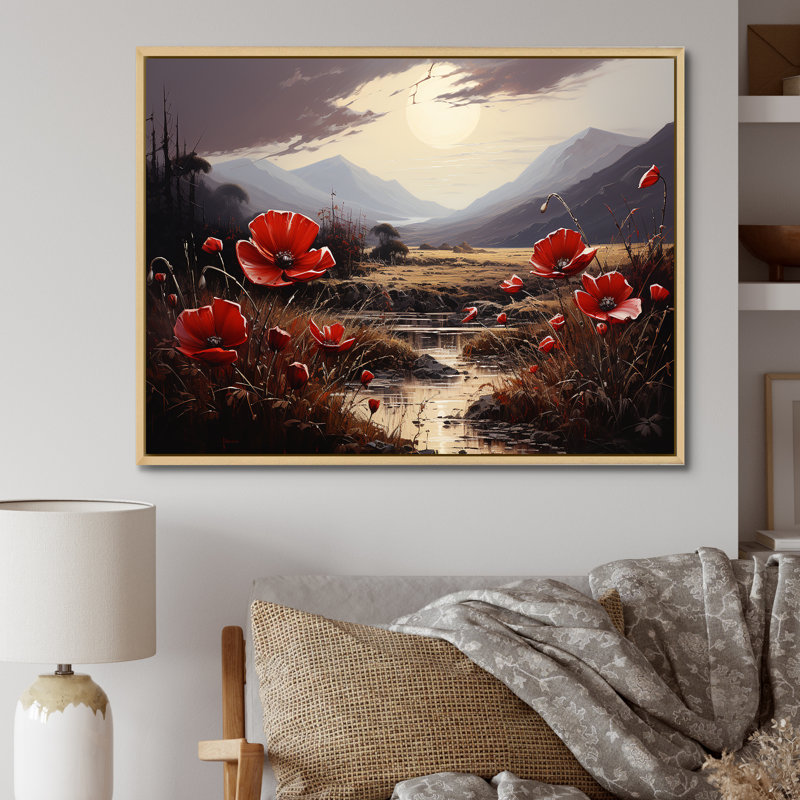 «Red Crimson Flower S Embrace», impressions sur toile fleurie, H 16 po x l 32 po, Cadre naturel flottant