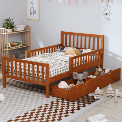 Wood Platform Bed with Guardrails on Both Sides and Two Storage Drawers