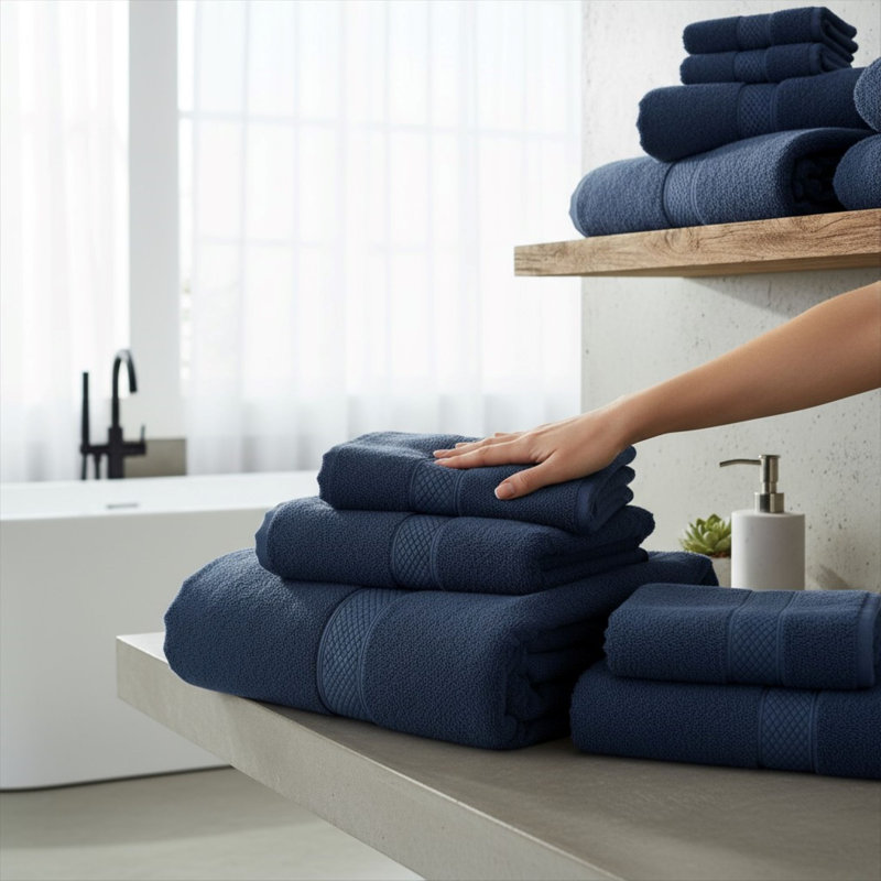 Ensemble de 6 serviettes de bain en coton de bambou - 65% coton / 35% viscose de bambou, 680 g / m², antimicrobien et durable - bleu marine