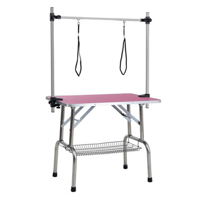 Folding Dog Pet Grooming Table Stainless Steel Frame Rubber Mat On Board With Adjustable Arm