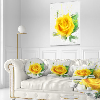 Yellow Rose with Green Leaves Sketch - Floral Printed Throw Pillow