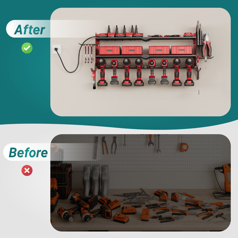 Power Tool Organizer with Charging Station Garage 8 Drill Holders Wall Mount with 8 Outlets, Red