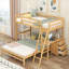 Lit superposé avec rangement simple et double avec bureau intégré et trois tiroirs, fabrication en pin massif aux tons naturels