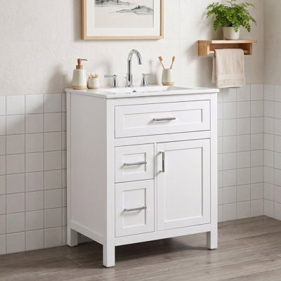 Meuble-lavabo compact avec lavabo en céramique, tablette réglable, rangement à fermeture en douceur et tiroir rabattable