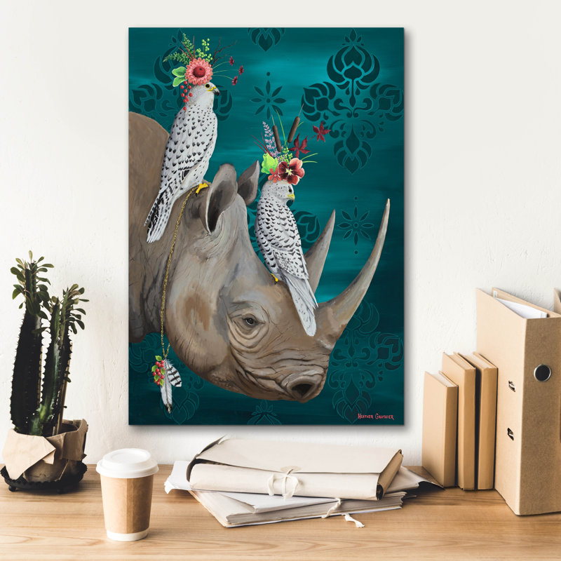 Art mural épique Graffiti «Rhino and Falcons» par Heather Gauthier, 18 po x 26 po