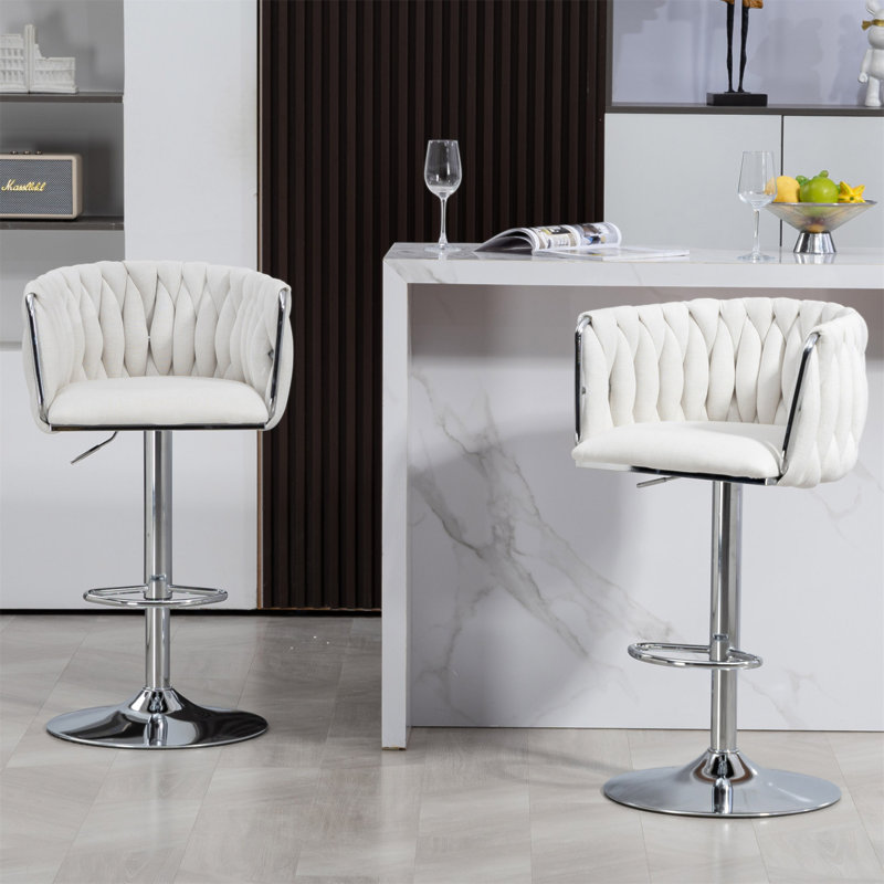 Ensemble de 2 tabourets de bar pivotants à 360 ° en tissu, chaises de bar réglables à hauteur de comptoir avec dossier tissé et repose-pieds, tabourets de bar chromés argentés pour îlot de cuisine, café, pub