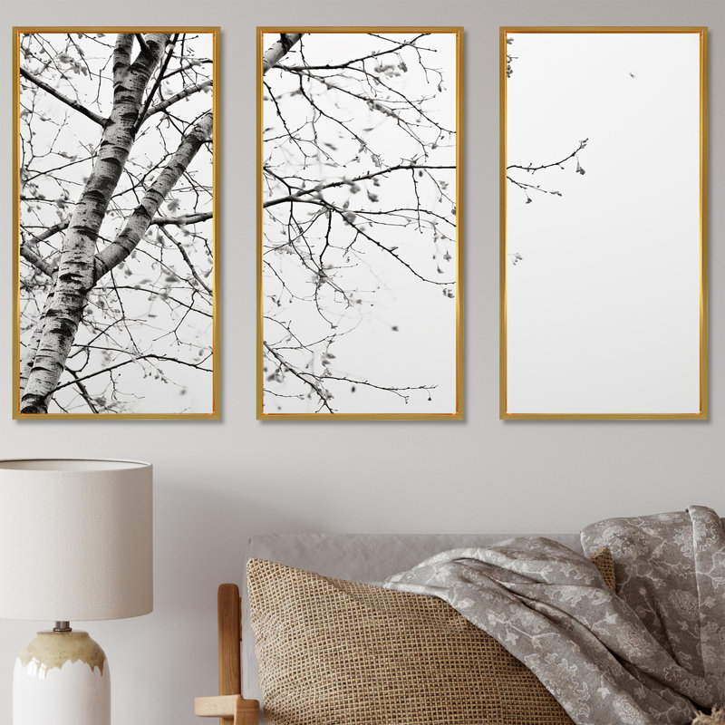 «Grey Minimalisme Tree Birch», ensemble d'art sur toile, Cadre flottant doré, H 28 po x l 36 po x P 1 po