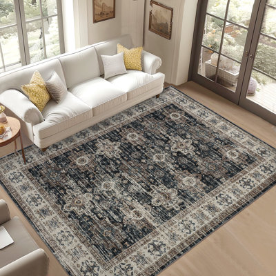 Tapis oriental lavable à la machine avec envers antidérapant et médaillon à poils courts pour le salon, la chambre et la salle à manger