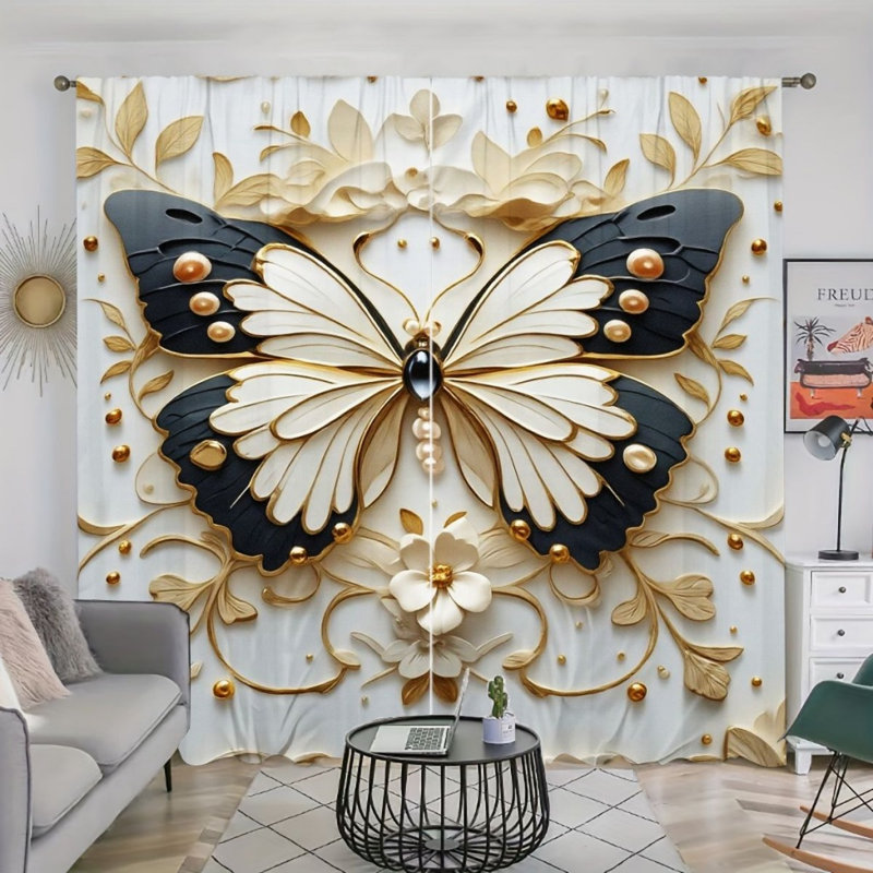 2Pcs Butterfly Pattern Curtains, Black Gold White Flowers, Rod Pocket Window Drapes, Luxurious Modern Style, Living Room Bedroom Study Window Decor