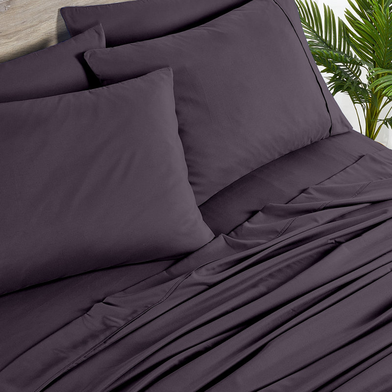 Ensemble de draps en rayonne de bambou 6 pièces Bibb Home, Aubergine, Ensemble de draps pour grand lit avec 4 taies d'or