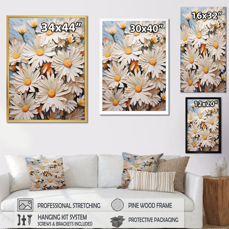 Motif de marguerites blanches élégantes - imprimé, Cadre simple argenté, H 32 po x l 16 po x P 1 po