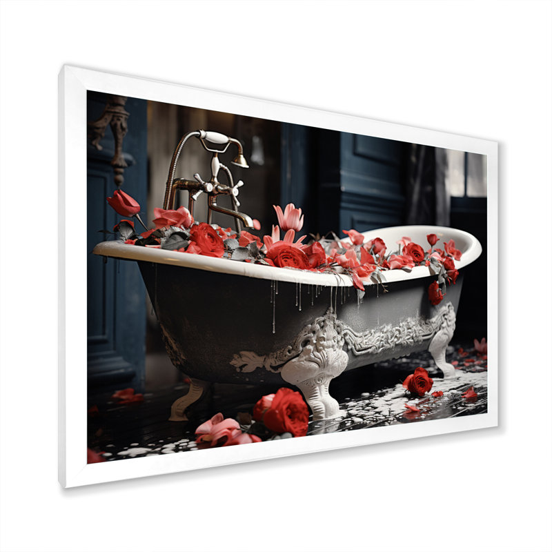 Red Floral Bath II - Laundry Art mural, H 16 po x l 32 po x P 1 po, Cadre simple blanc