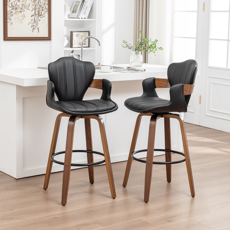 Modern Vegan Leather 360° Swivel Counter Stools With Unique Bentwood Legs, Black, Counter Stool (25" Seat Height)