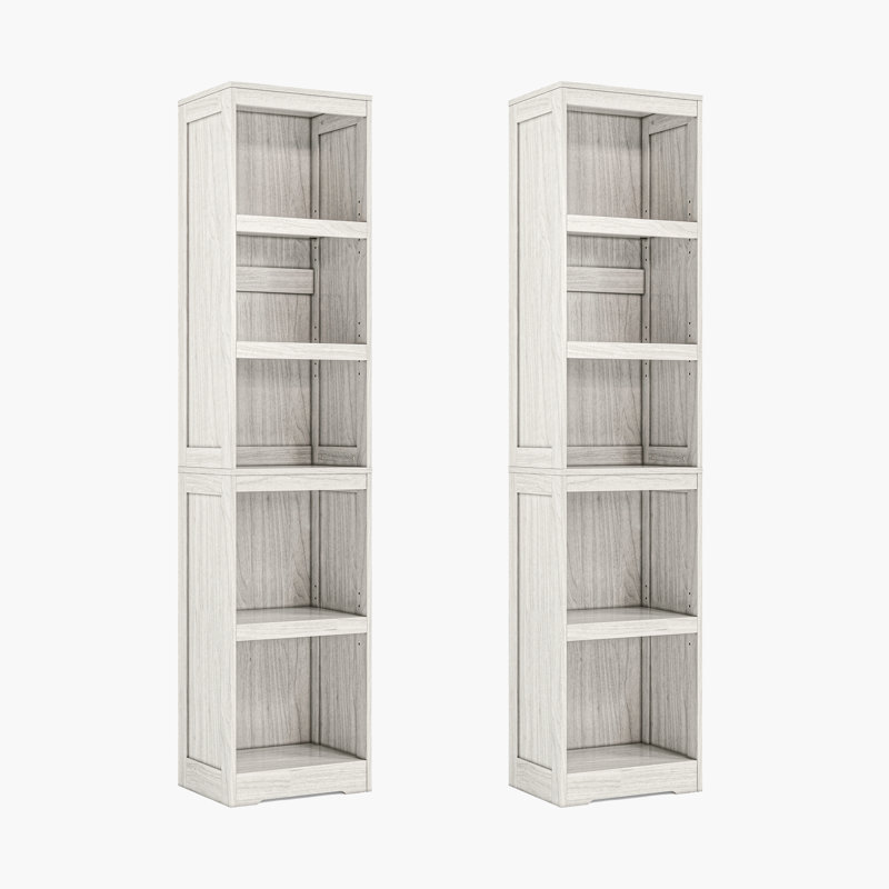 Patrick 5-Tier Modern Wood Bookcase With Adjustable Shelves - Set of 2, White, (5 Shelves) 15.6”W