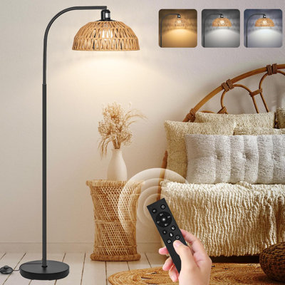 Rattan Floor Lamp With Dimmable LED Bulb, Remote Control, Adjustable Shade - Boho Arc Standing Lamp For Living Room, Bedroom