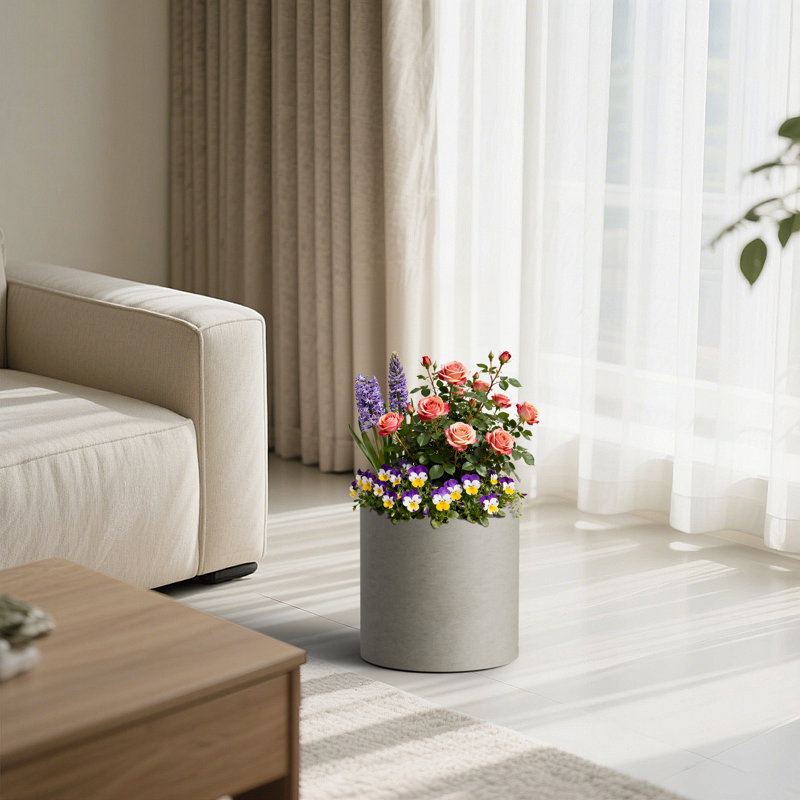 13 in. Medium Stone Gray(Upgraded Interior) Concrete Tall Round Planter / Pot Cylindrical Planter with Drainage Hole