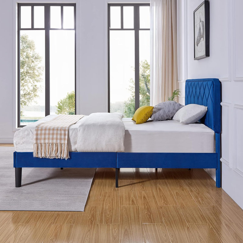Queen Platform Bed Frame with Velvet Upholstered Headboard and Wooden Slats Support, Mattress Foundation/No Box Spring Needed