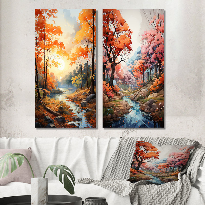 «Peach Maple Trees Enchanted» 2 - pièces sur, H 40 po x l 40 po, Toile tendue