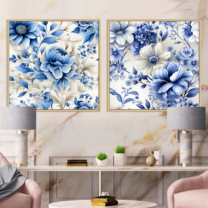 Fidelia - Ensemble de 2 collages floraux carrés, H 16 po x l 33 po, Cadre flottant brun