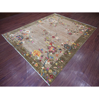 Tapis oriental brun pâle 8 pi x 9 pi 10 po d'inspiration art déco chinois, laine douce et veloutée, teinture végétale, noué à la main, tapis oriental