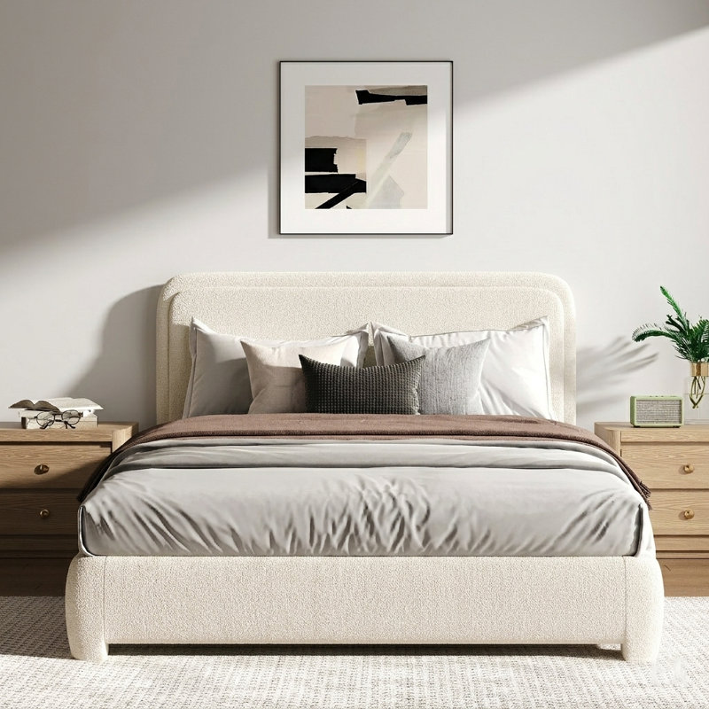 Bensu Boucle Upholstered Platform Bed, Cream, Queen